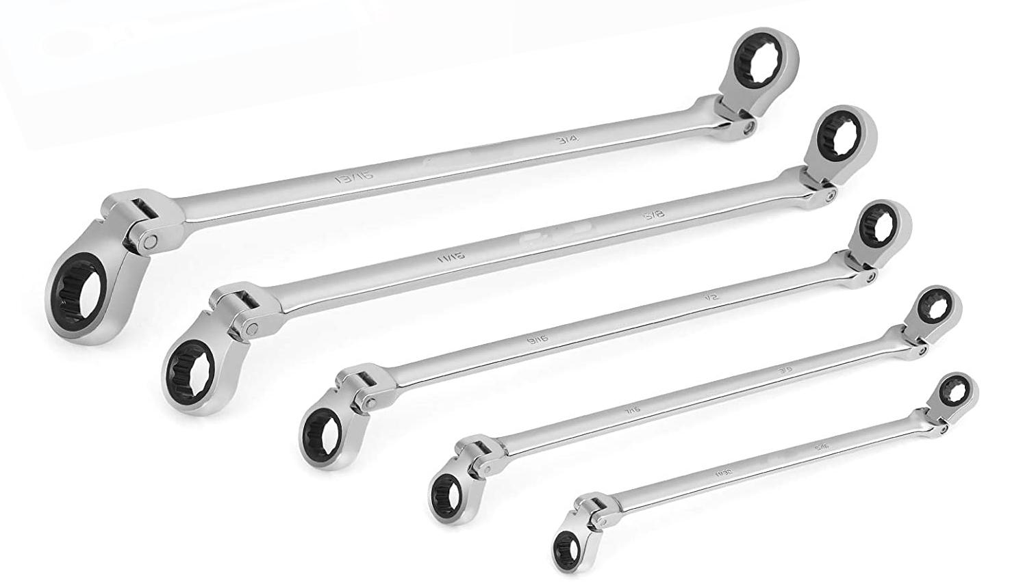 Extra Long Flex-Head Ratchetin Box End Wrench Set，5Pcs,SAE
