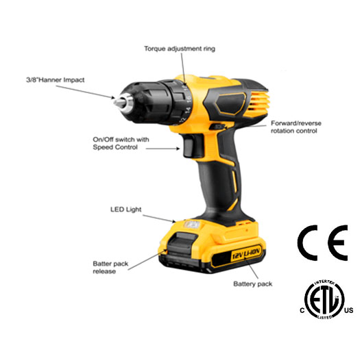 3/8" 12V 1300mAh Li-ion Cordless Drill