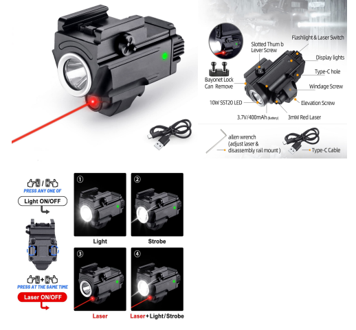 10W Rechargeable Gun Flashlight Laser Sight Combo