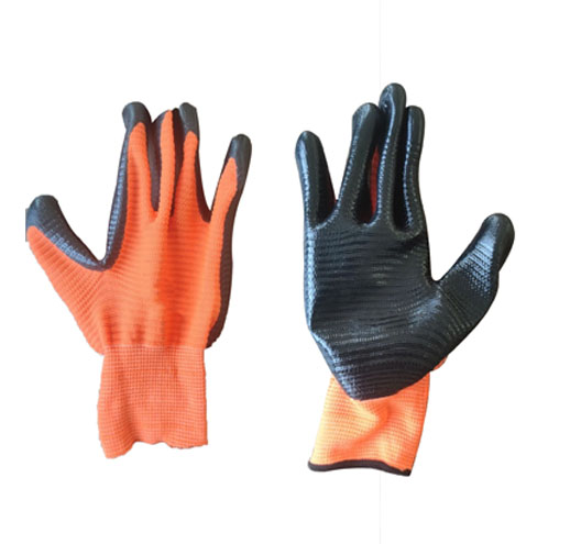 13 gauge orange polyester U3 nitrile on palm glove