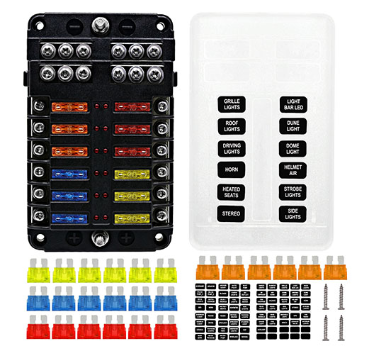 12 Circuits Blade Fuse Block With LED Kit