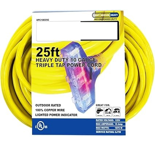 25FT 10G Extension Cord Yellow3 Outlet