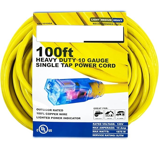 100FT 10G Extension Cord Yellow Single Outlet