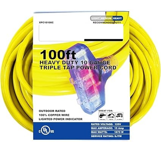 100FT 10G Extension Cord Yellow 3 Outlet