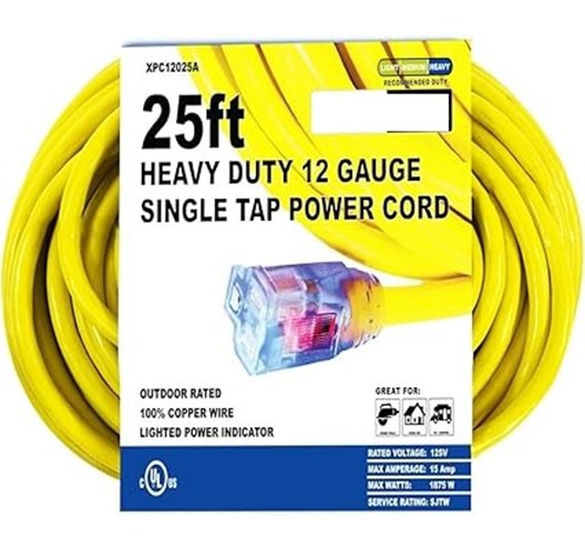 25FT 12G Extension Cord Yellow Single Outlet