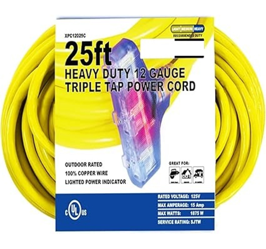 25FT 12G Extension CordYellow 3 Outlet