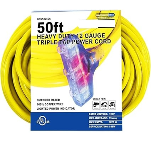 50FT 12G Extension CordYellow 3 Outlet