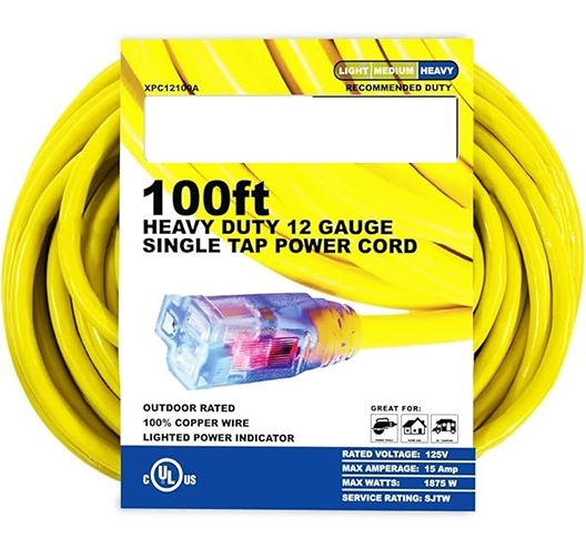 100FT 12G Extension Cord Yellow Single Outlet