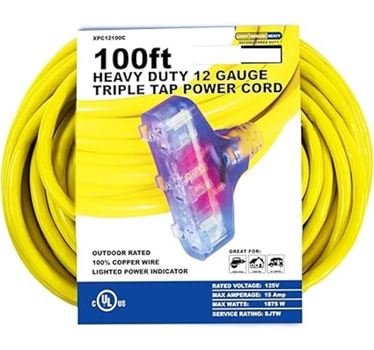 100FT 12G Extension Cord Yellow 3 Outlet