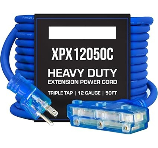 50FT 12G Extension Cord Blue 3 Outlet