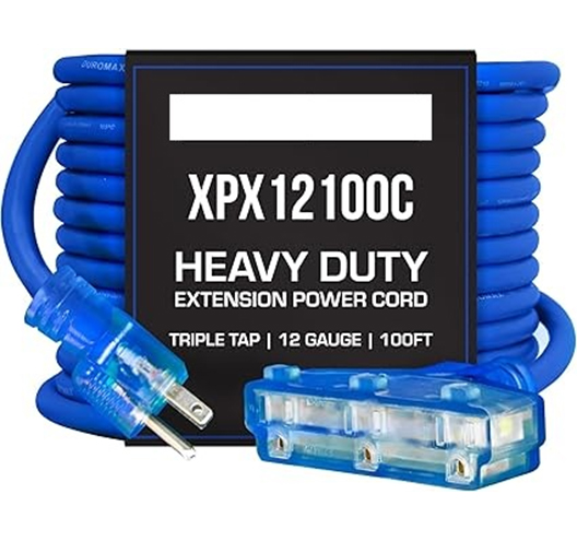 100FT 12G Extension Cord Blue 3 Outlet