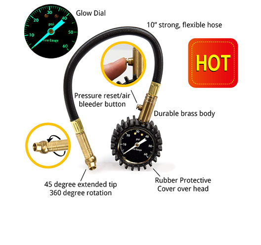 2" Tire Pressure Gauge with Hose - 60PSI